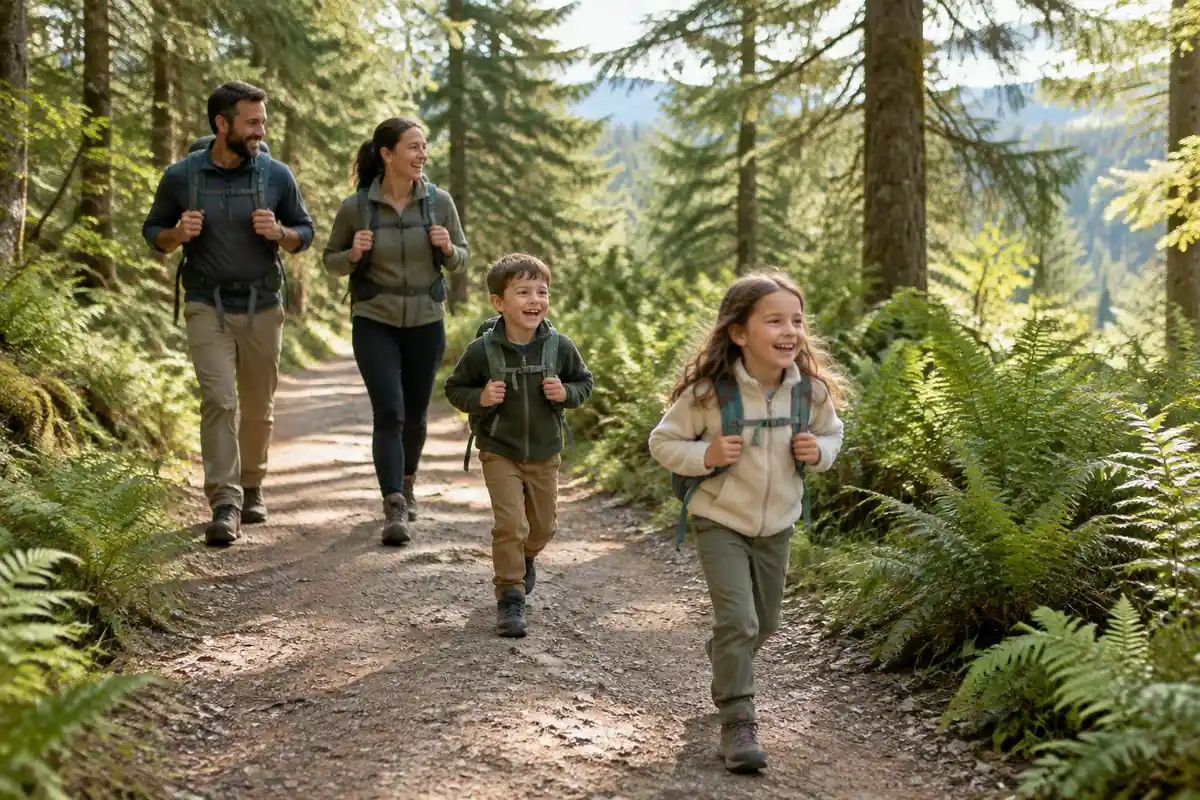 Family day hike on a forest track with kids in small packs