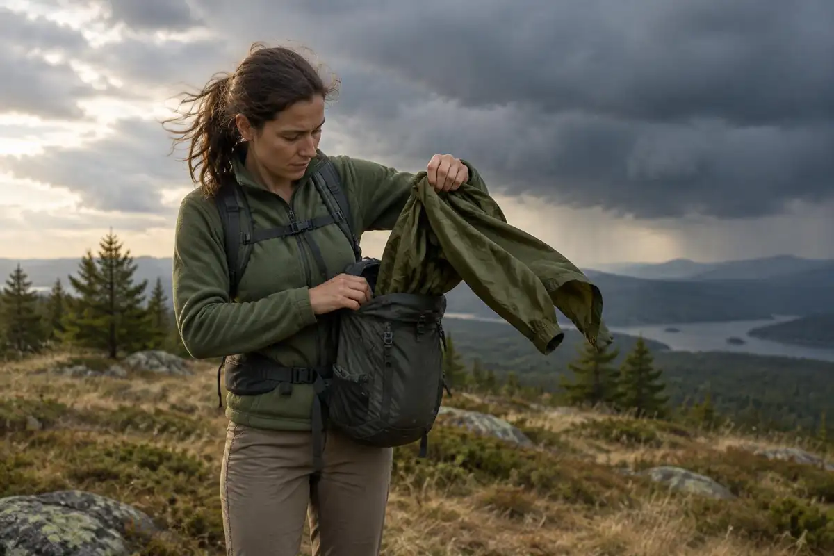 Hiker pulling a rain jacket from the top pocket of a day pack as clouds gather