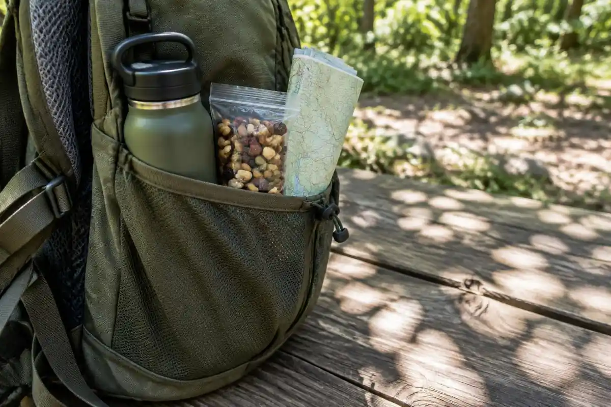 Snacks, water and a map inside an open side pocket