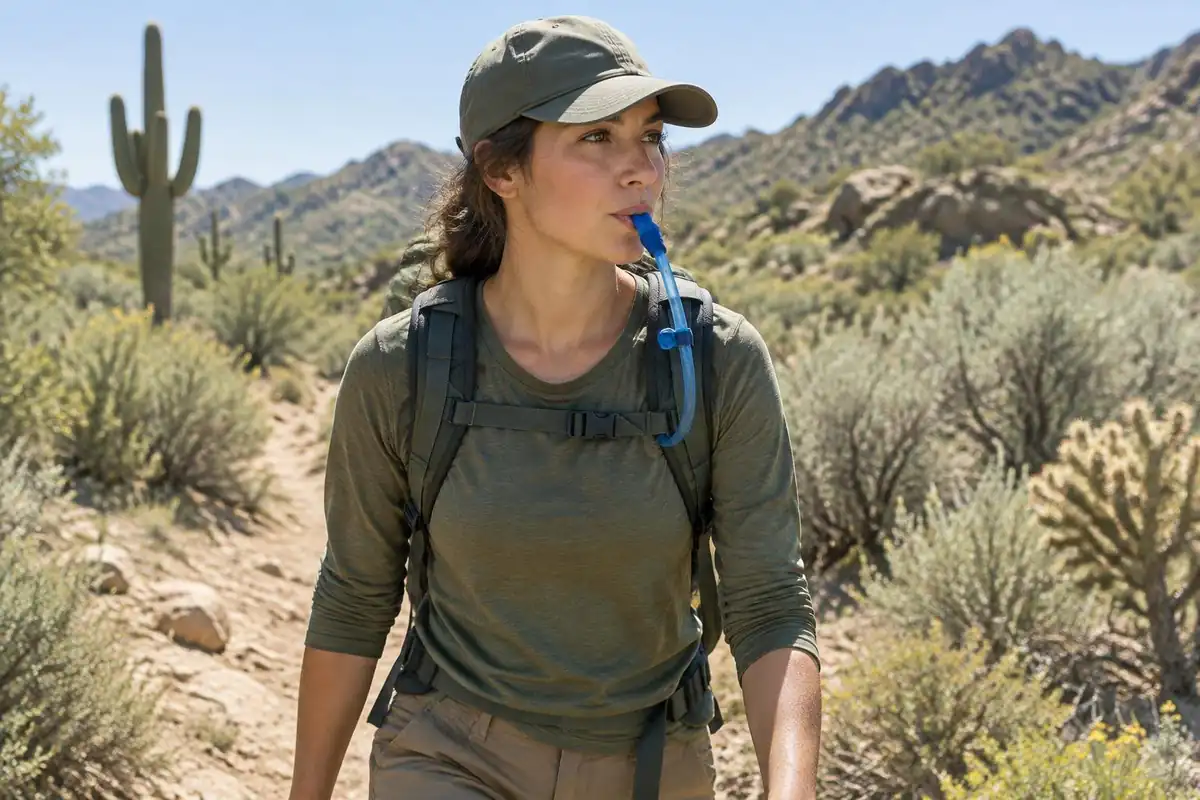 Hiker sipping from a drinking tube clipped to a shoulder strap while walking