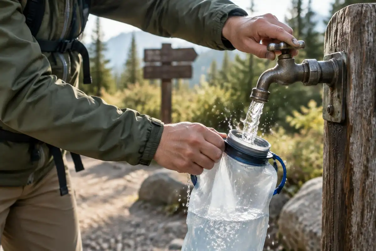 Hands filling a water reservoir from a tap at a trailhead