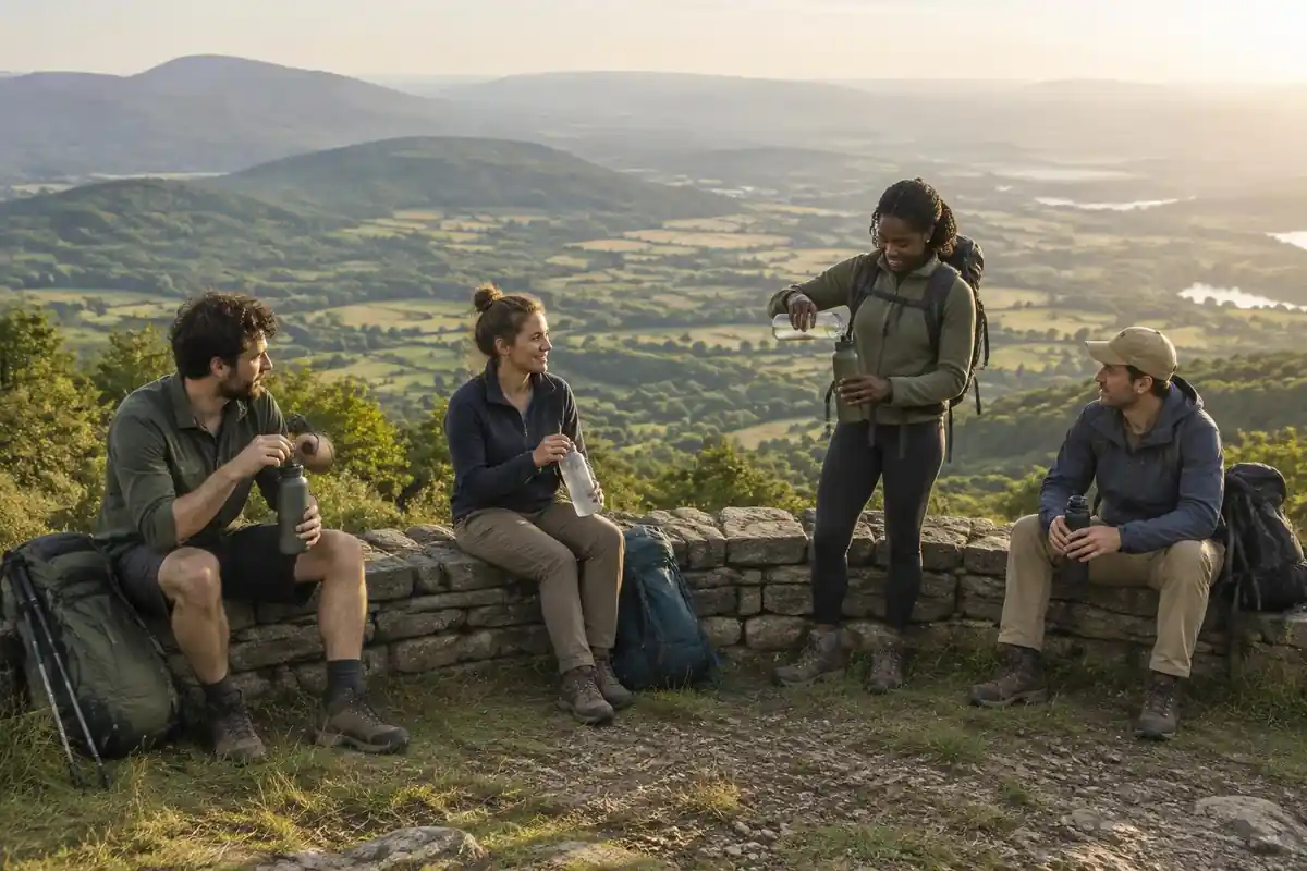 Hikers resting at a viewpoint with water bottles and reservoir packs