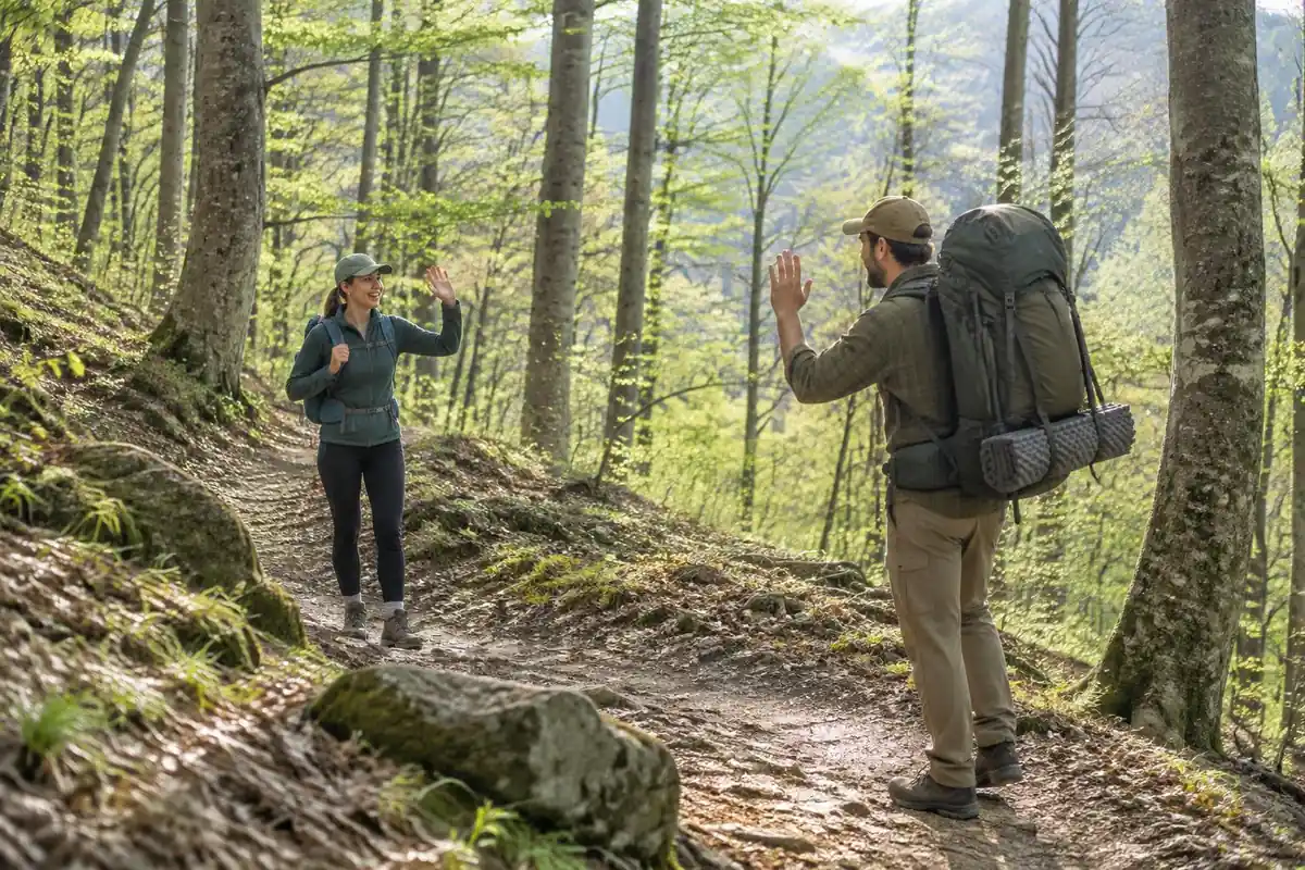 Day hikers and an overnight backpacker meeting on a woodland trail