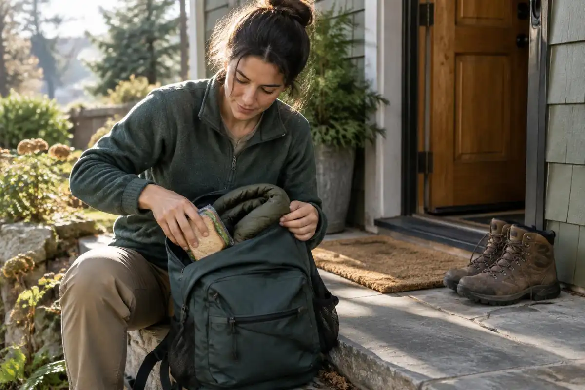Woman packing a small day pack on a doorstep with lunch and a jacket