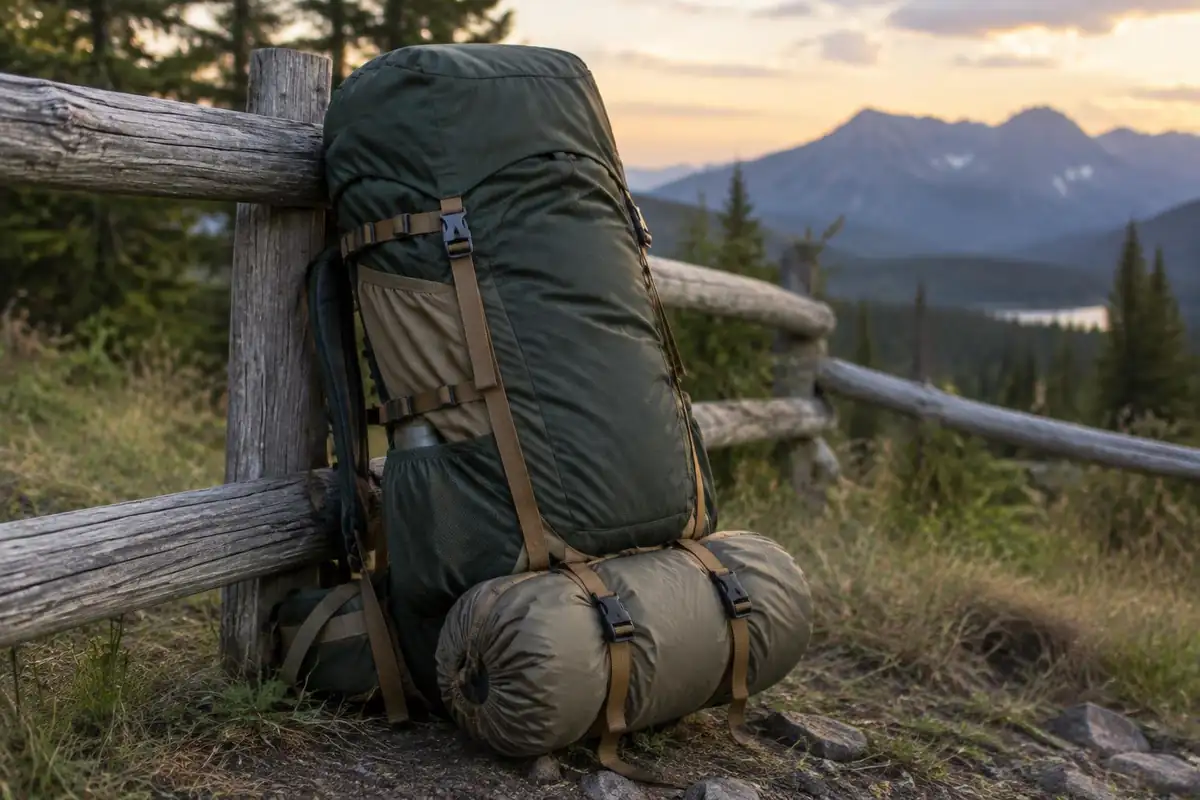 Overnight pack stuffed with a sleeping bag and tent tied on the bottom