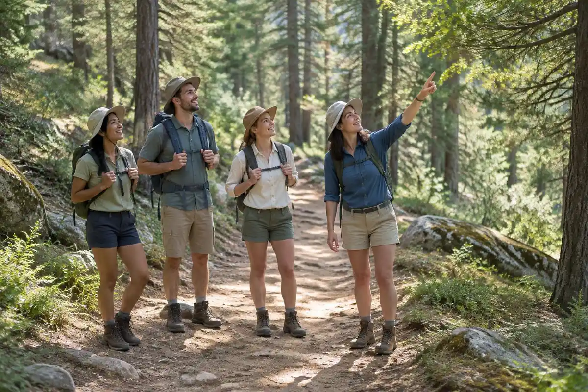 Group of walkers on a well-trodden day path through summer woodland