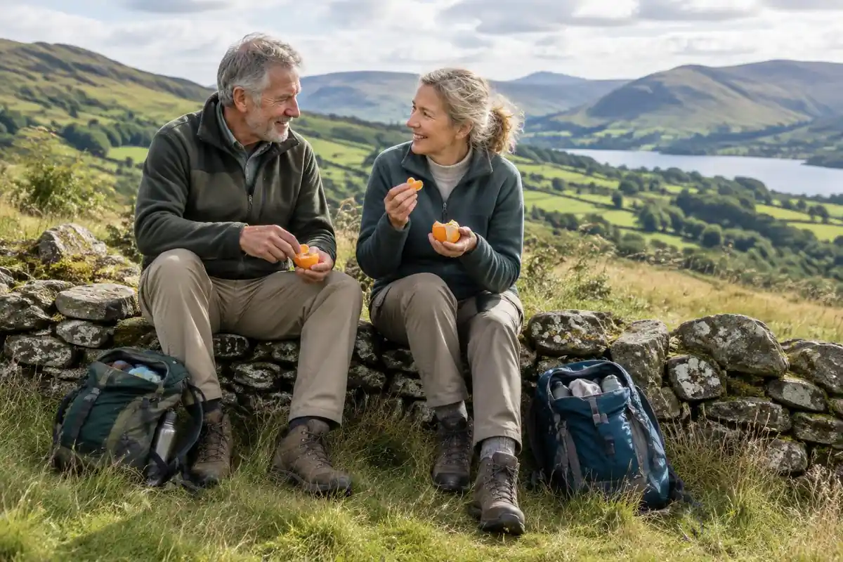 Older couple sharing a snack at a stone wall halfway up a hill