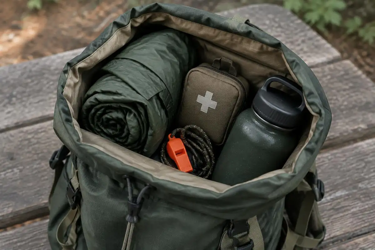 Sunscreen, a light rain jacket and a whistle laid inside an open day pack