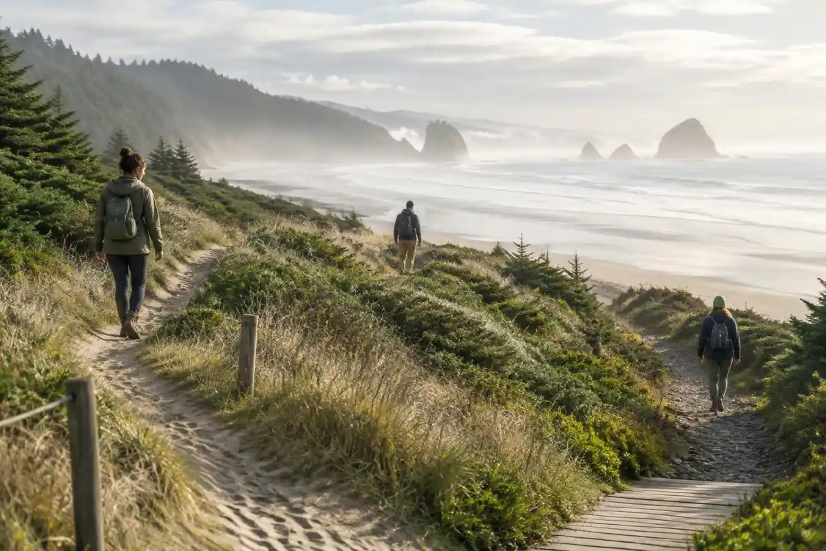 Different hikers on separate trails: a beach path, forest road and ridge