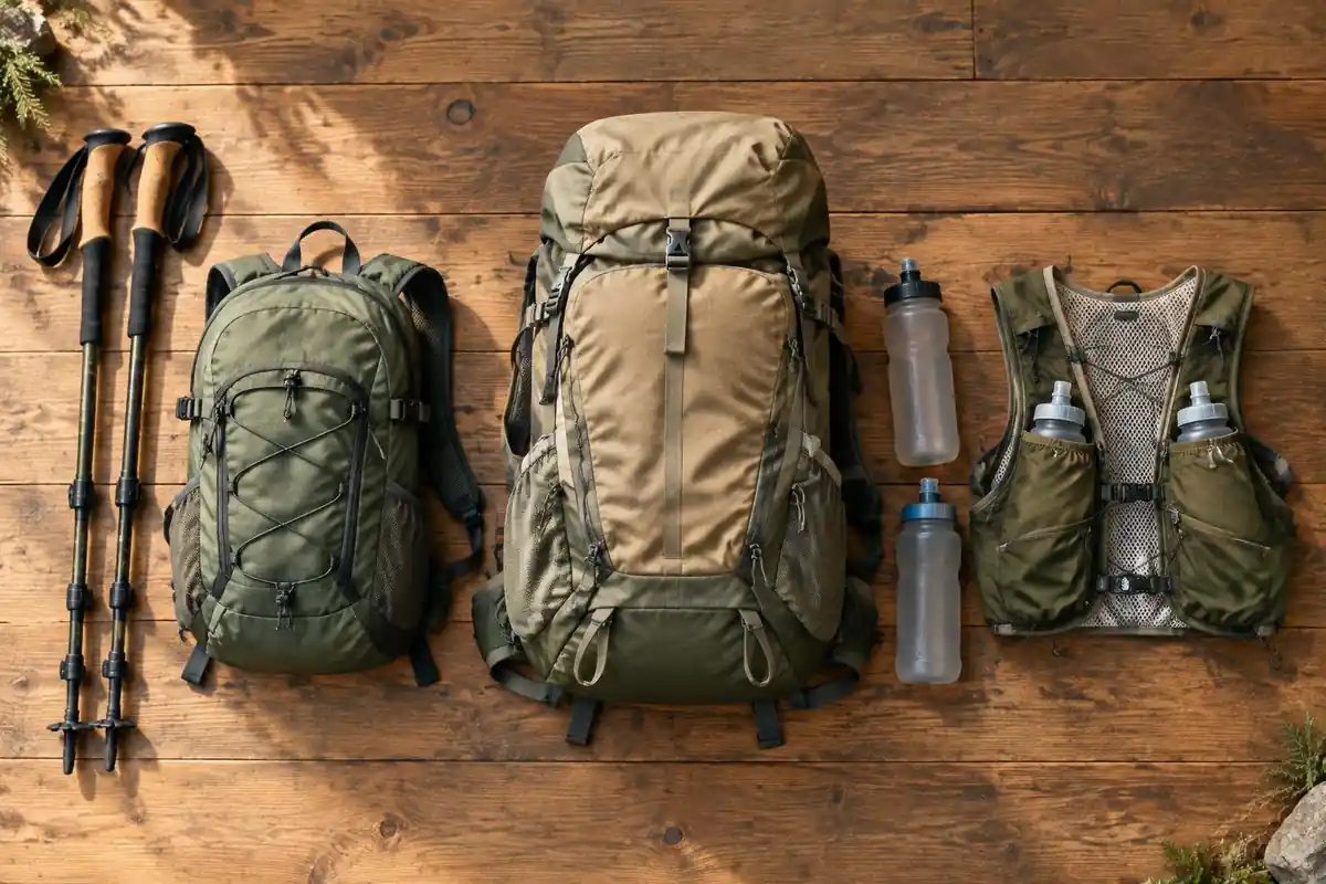 Various activity packs laid on a wooden floor: day, overnight and pole loops