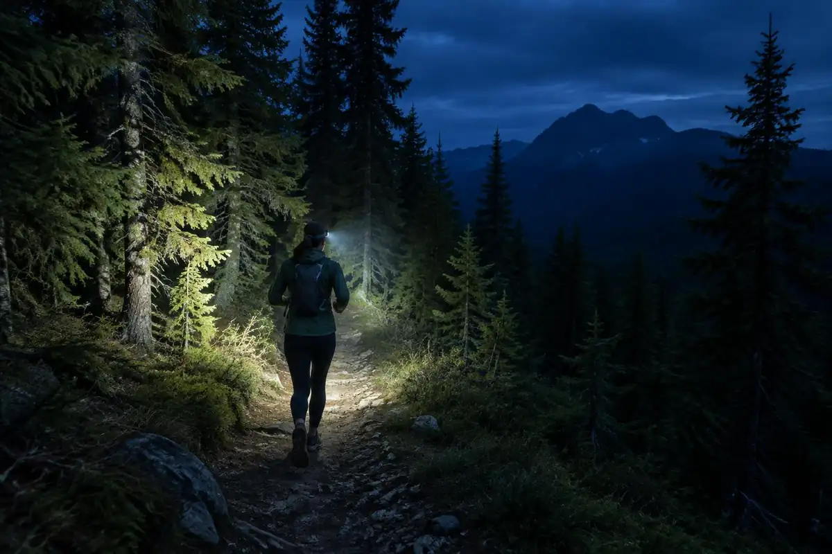Night trail running with a headlamp beam through forest