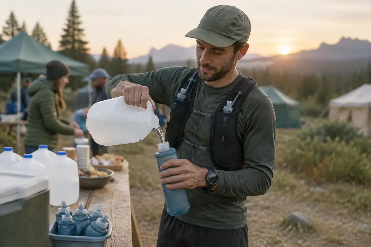 Runner refilling a soft flask at an aid station table