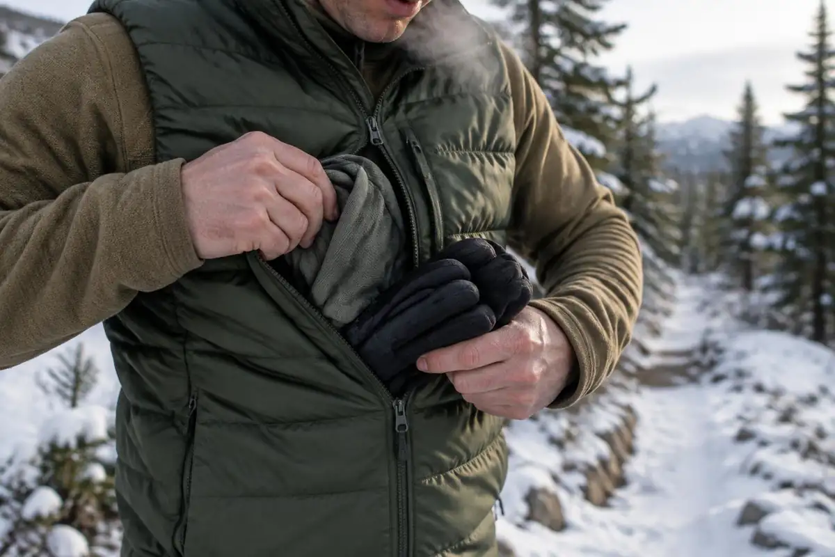 Cold-weather layers packed into a slim race vest pocket