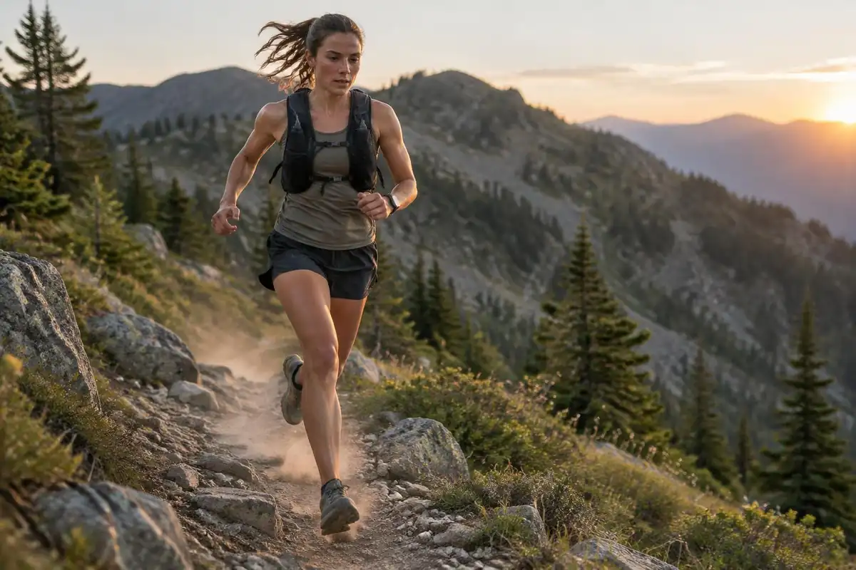 Trail runner with a small race pack descending a rocky trail at dawn