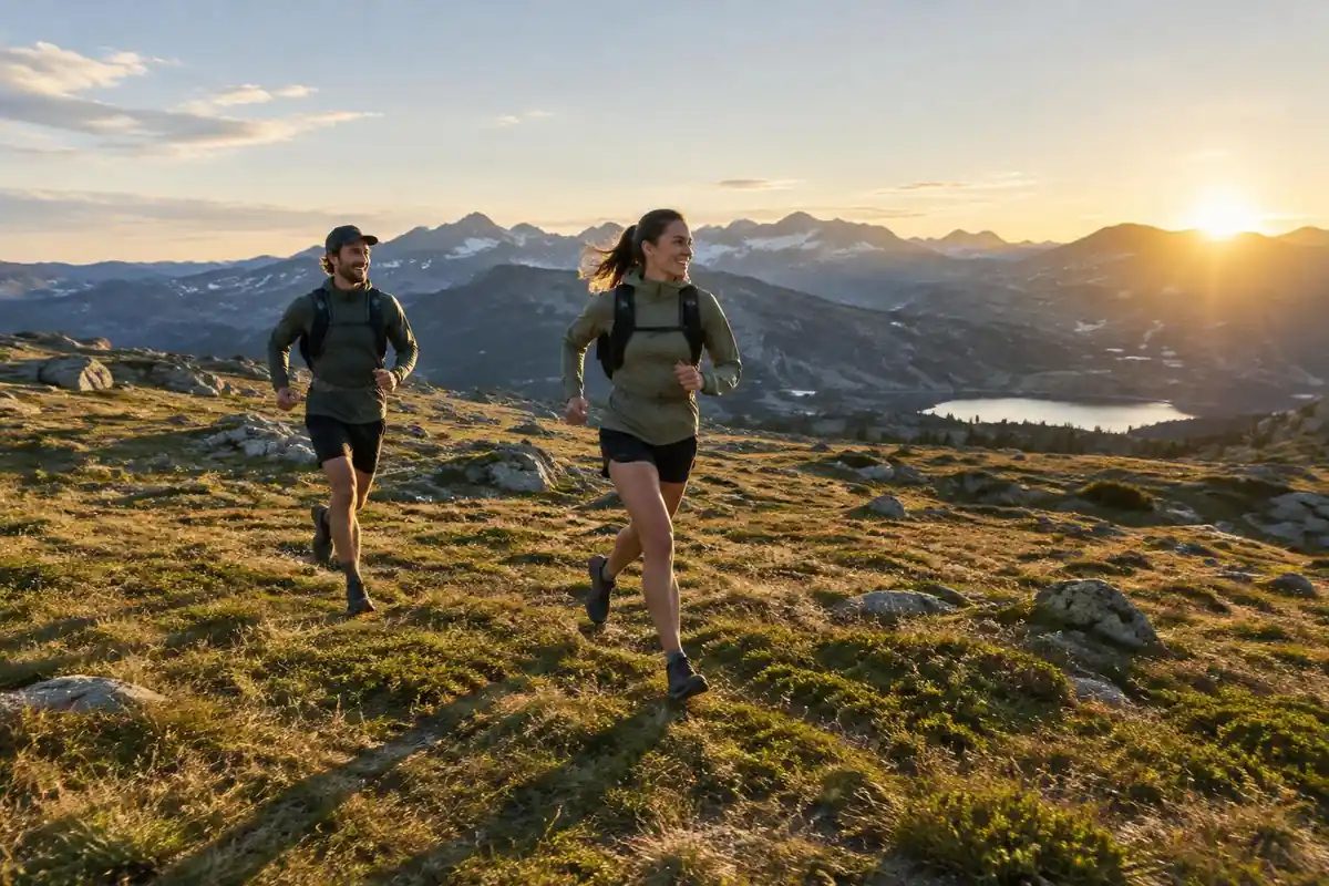 Two fastpackers moving across an open alpine plateau in low sun
