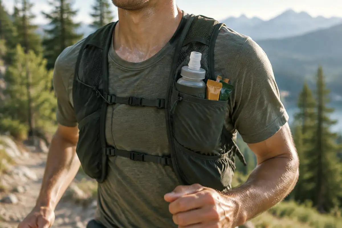 Front chest pocket of a slim pack holding a soft flask and snacks