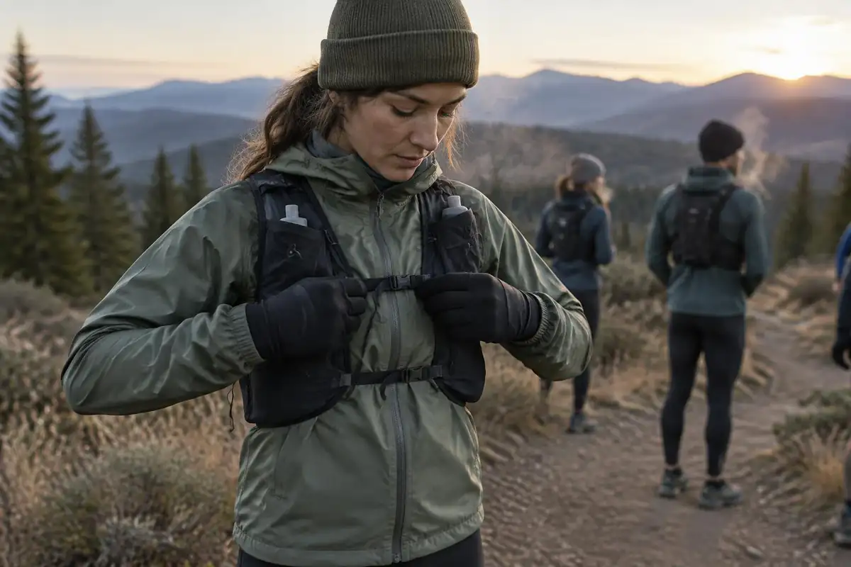 Runner tightening the chest straps of a vest before a start