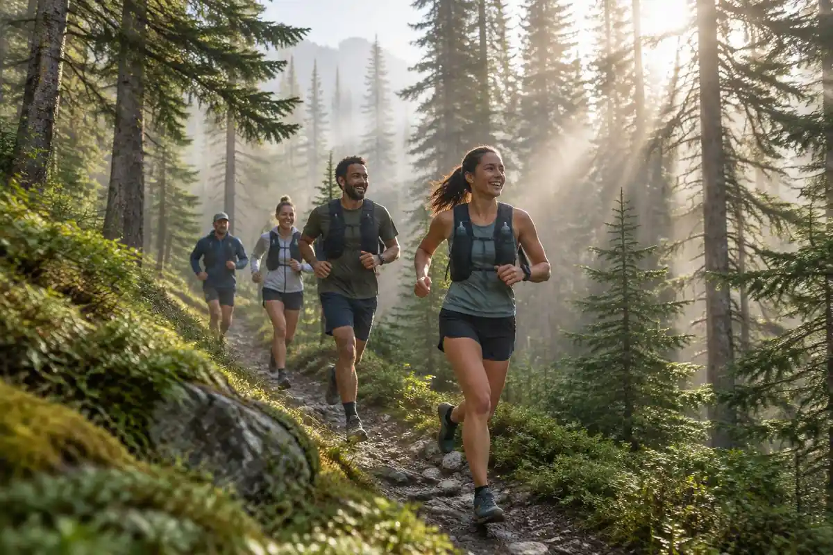 Runners on a forest trail with sun rays and small vests
