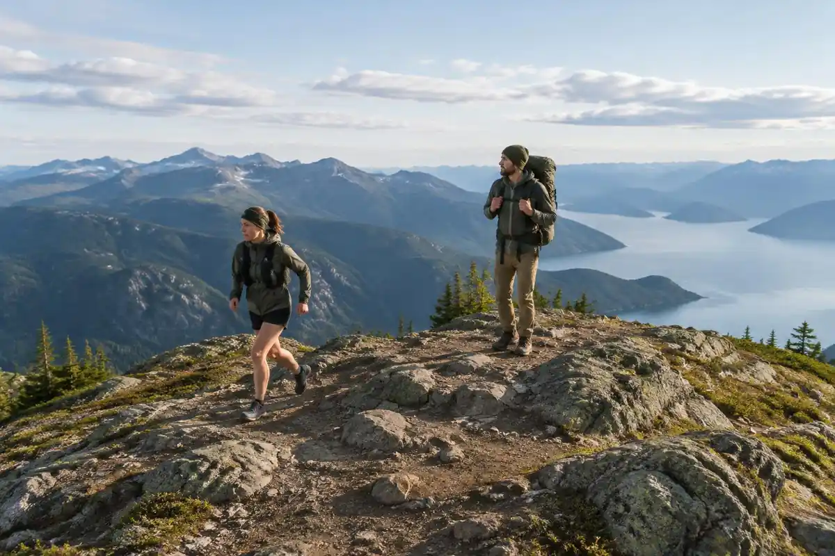 Runner-hiker and a slow backpacker meeting at a trail summit