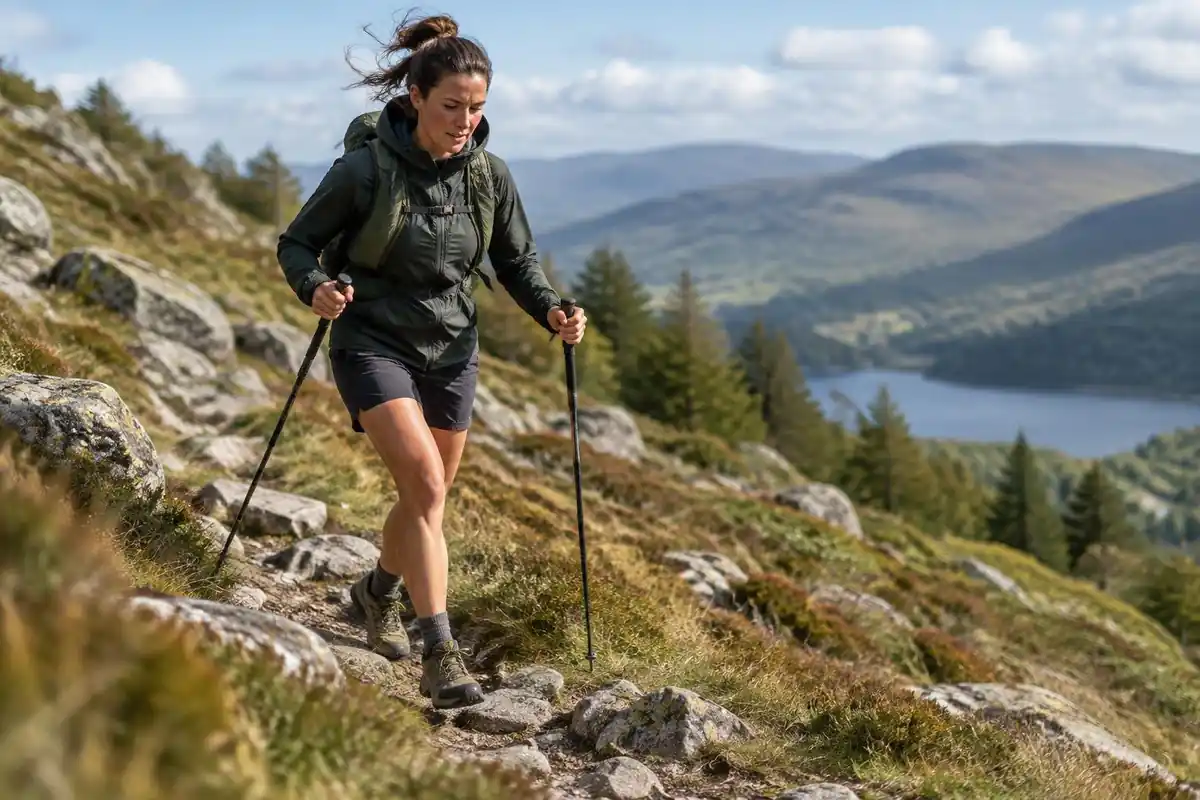 Fastpacker striding downhill with poles across a stony pasture