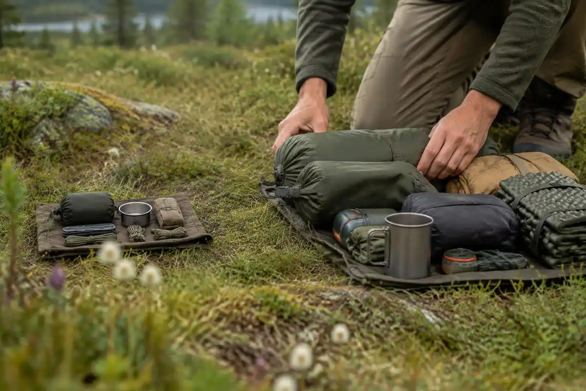 Spreading two gear lists: light kit and ultralight kit, on grass