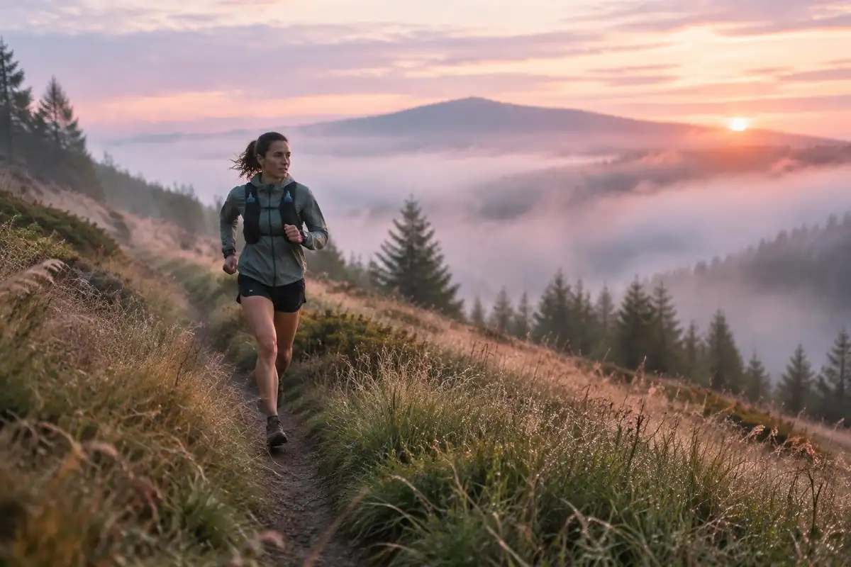 Trail runner with a slim vest pack on a misty singletrack