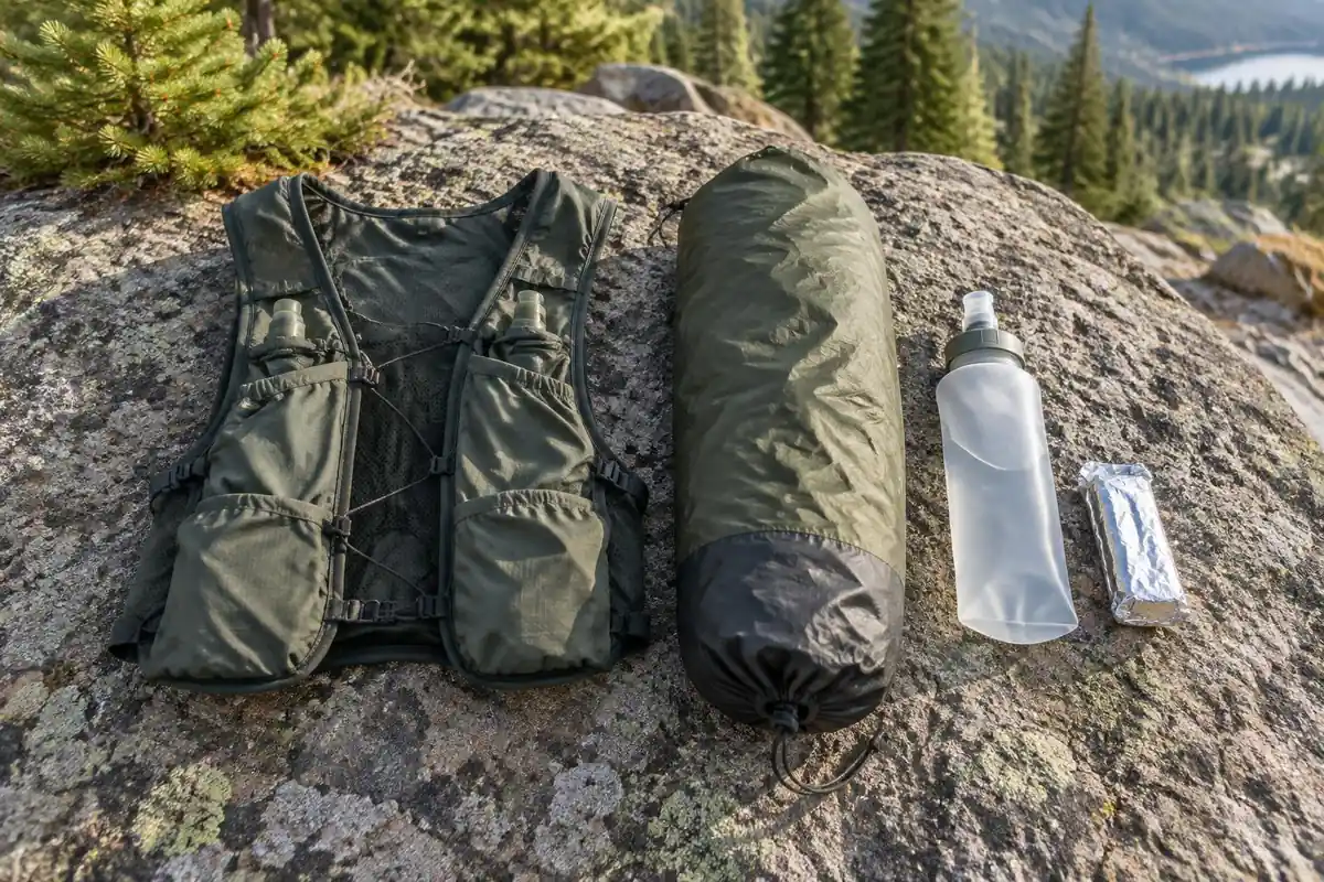 Fastpacker's tiny kit spread out on a flat rock