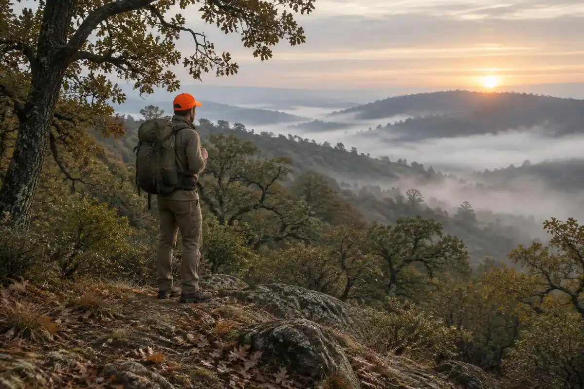 Dawn oak woodland with a hiker in blaze orange cap on a ridge trail