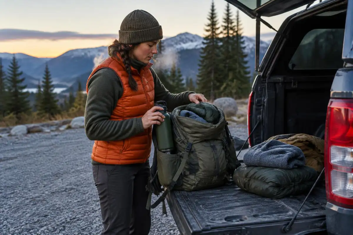 Hiker packing layers and water into a sturdy pack at a truck tailgate