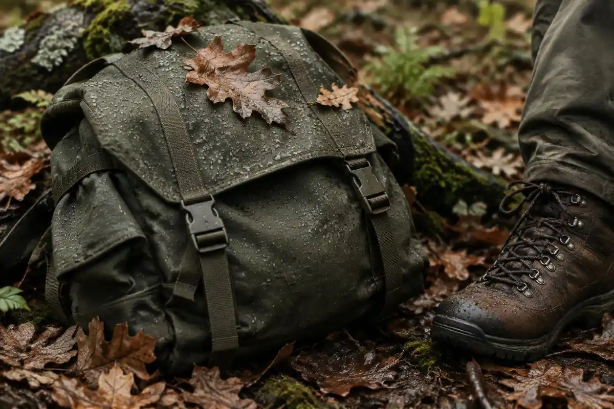 Rugged fabric on a pack with dew and oak leaves on it