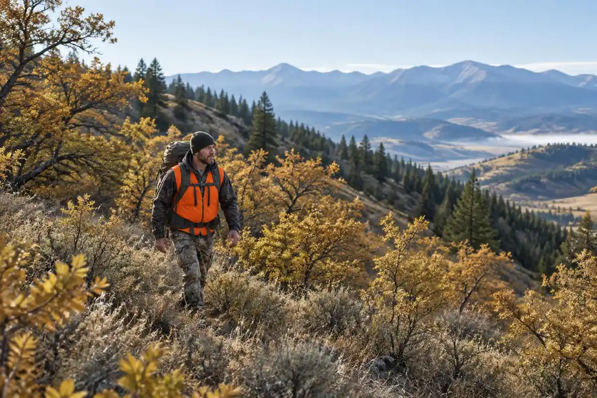 Hunter hauling a heavy pack along a golden autumn hillside