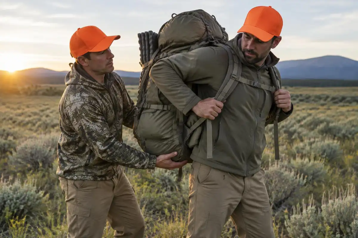Two hunters lifting a loaded frame pack onto a friend's shoulders