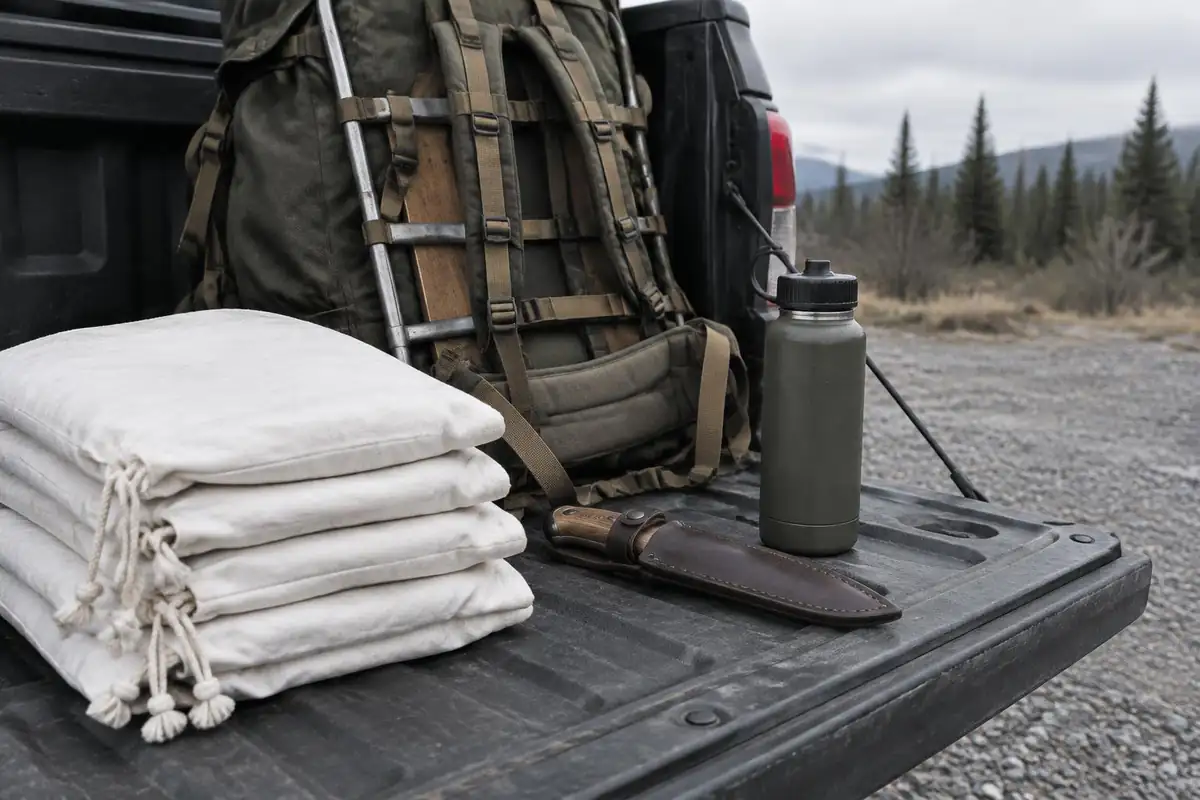 Meat game bags and a knife pouch packed beside a frame