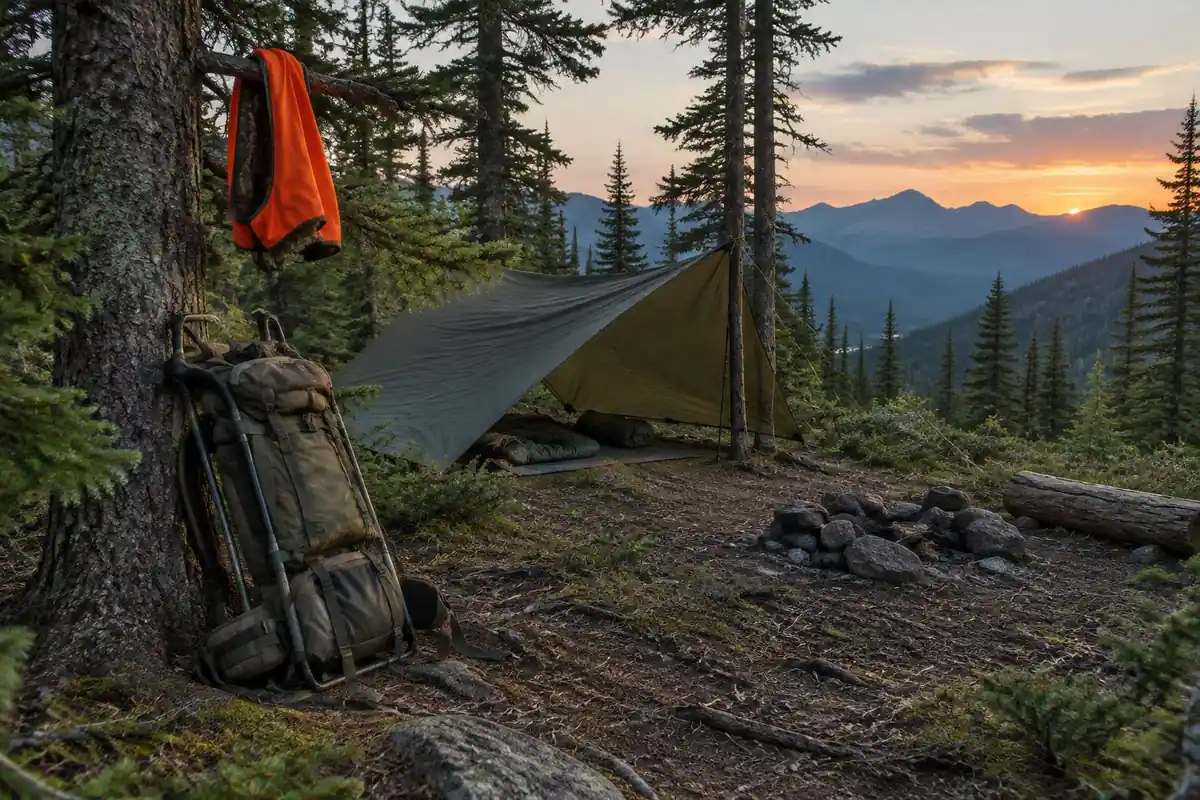 Hunters' camp at dusk with a frame pack and tarp shelter