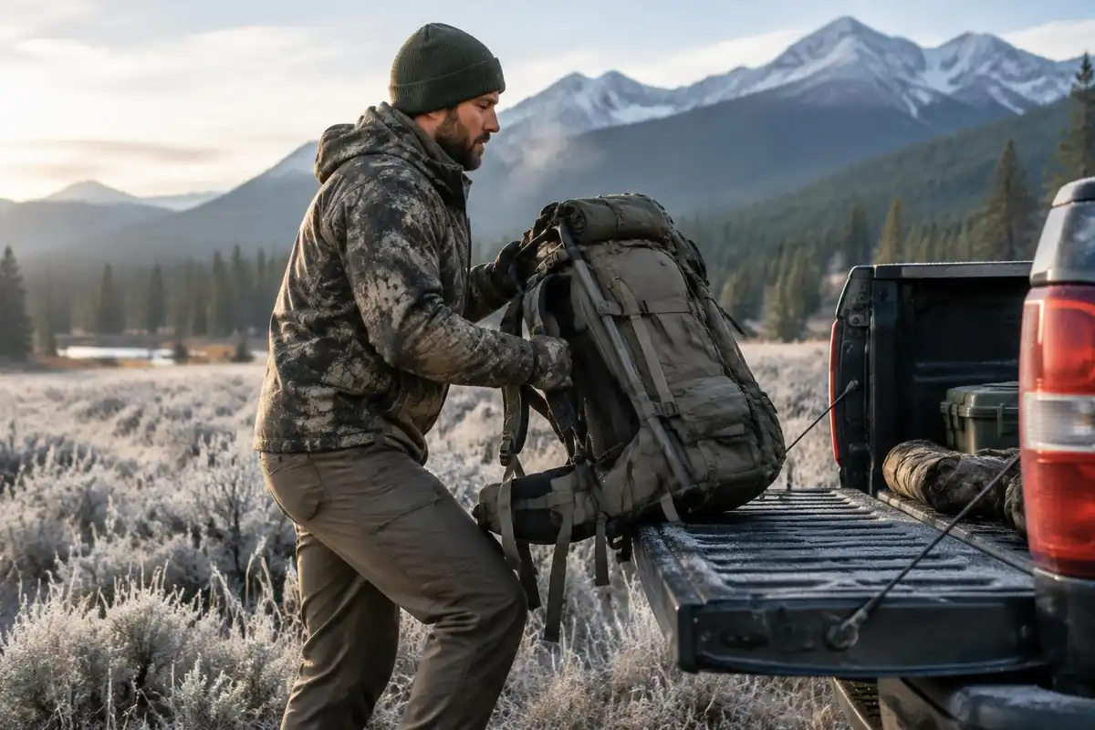 Hunter hoisting a frame pack onto a truck tailgate in cold morning