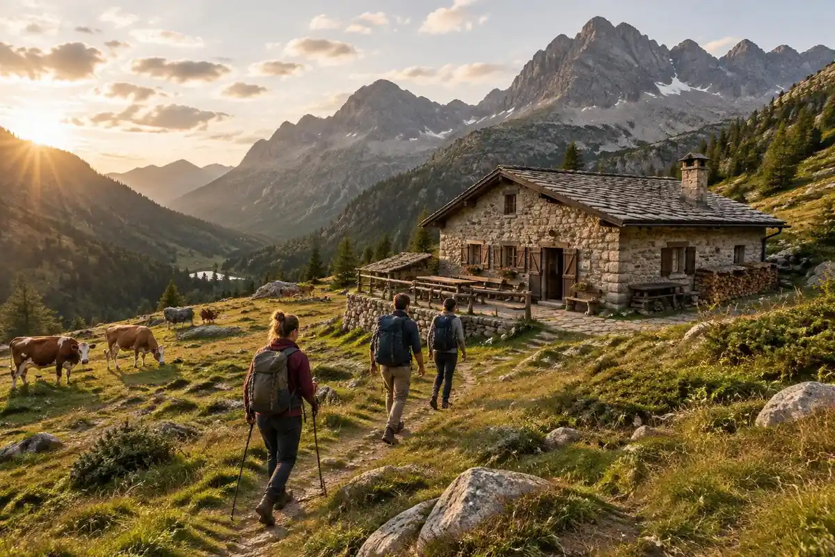 Alpine hut on a grassy col with hikers arriving late afternoon