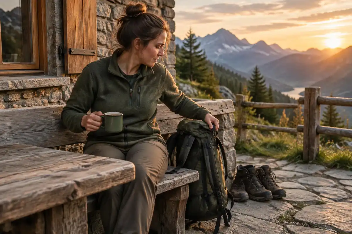 Hiker taking off a small pack on a hut terrace bench