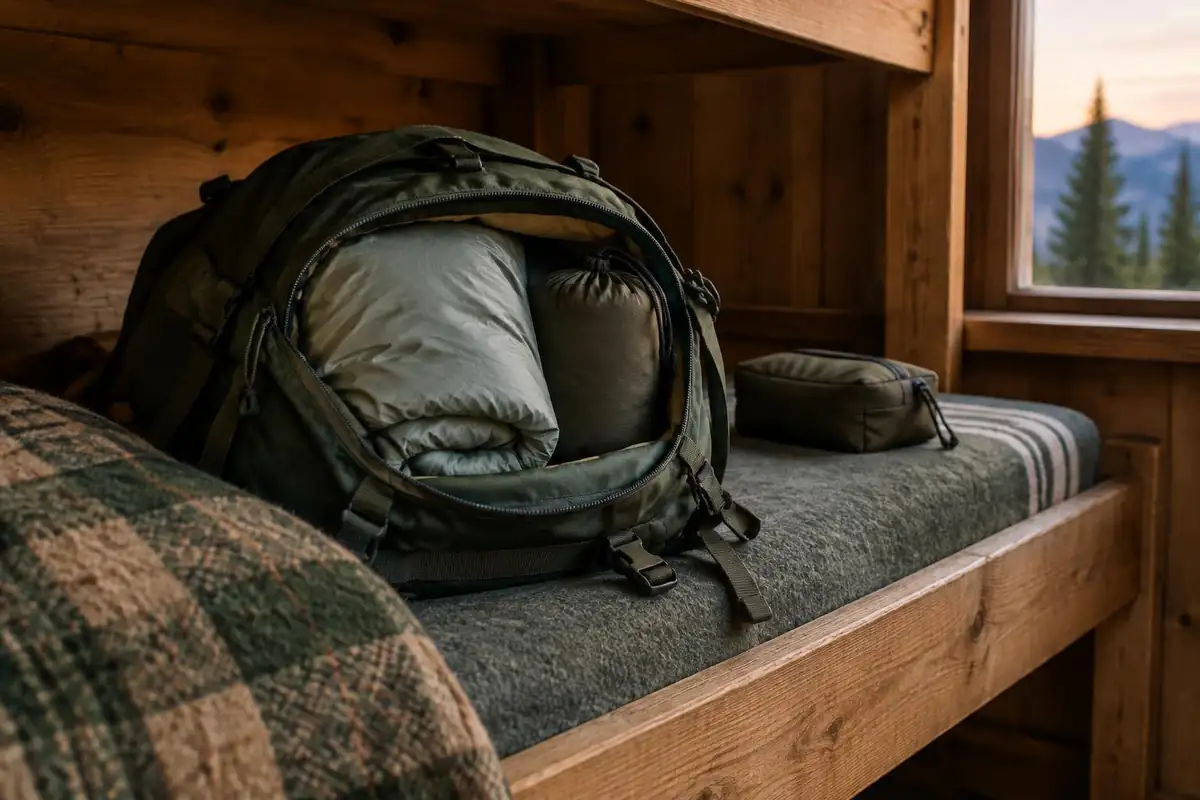 Sleeping liner and small toiletry bag being packed on a bunk