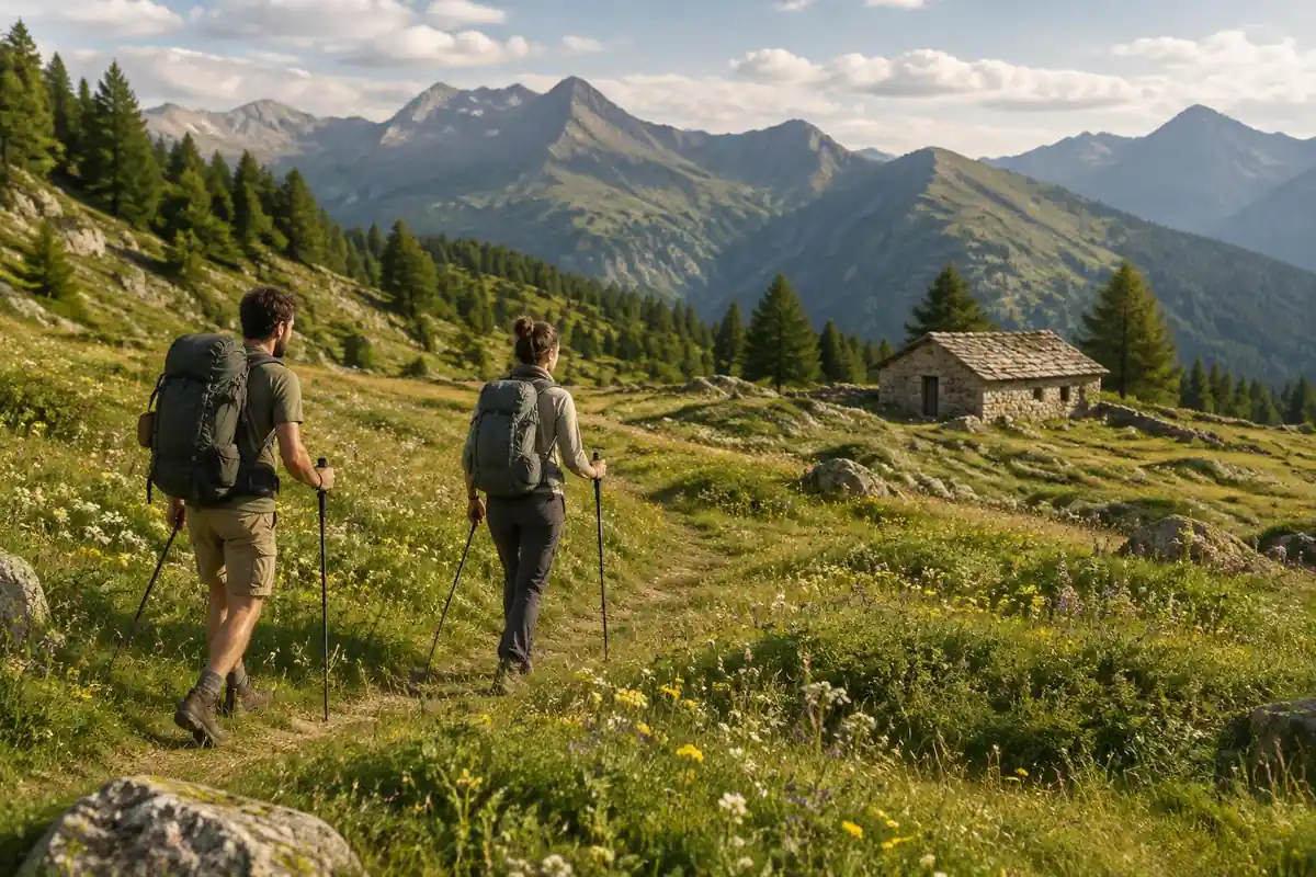 Hut-to-hut trekkers on a green alpine pasture, small packs, hut in distance