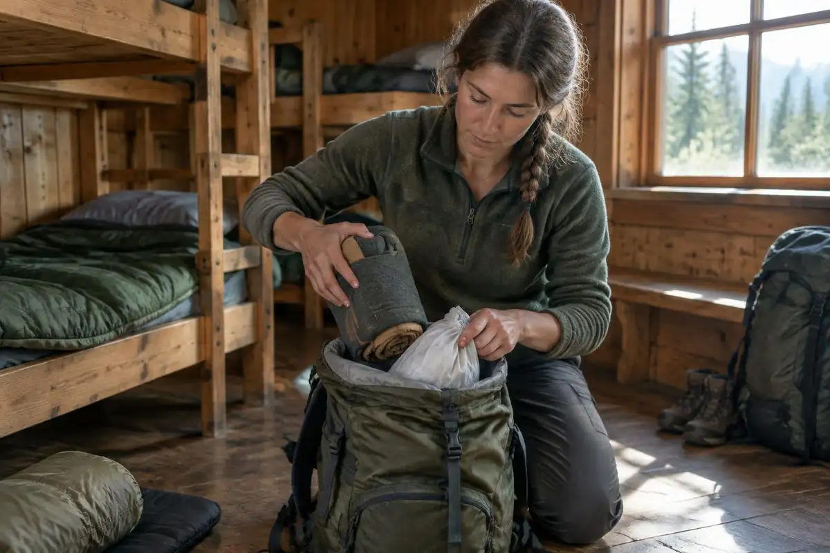Trekker packing a change of clothes and a liner at a hut dorm