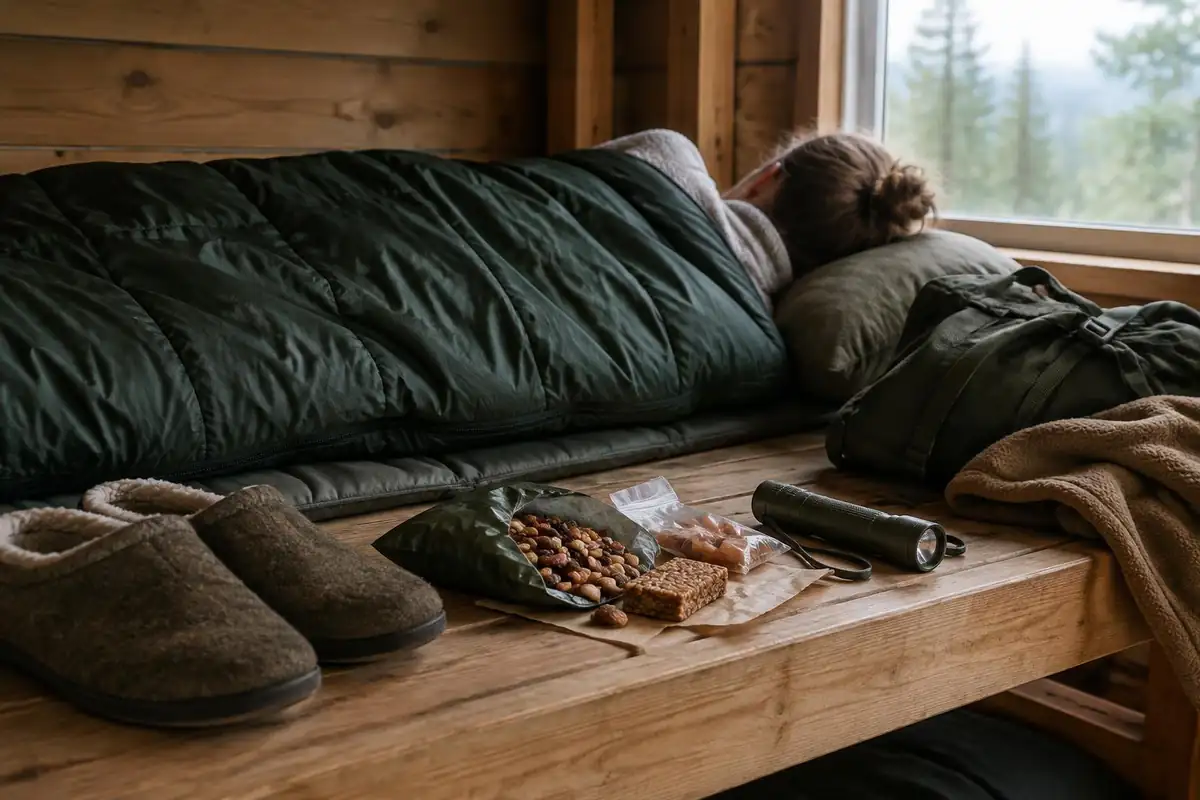 Small pack contents laid on a bunk: sleeping liner, slippers, snacks