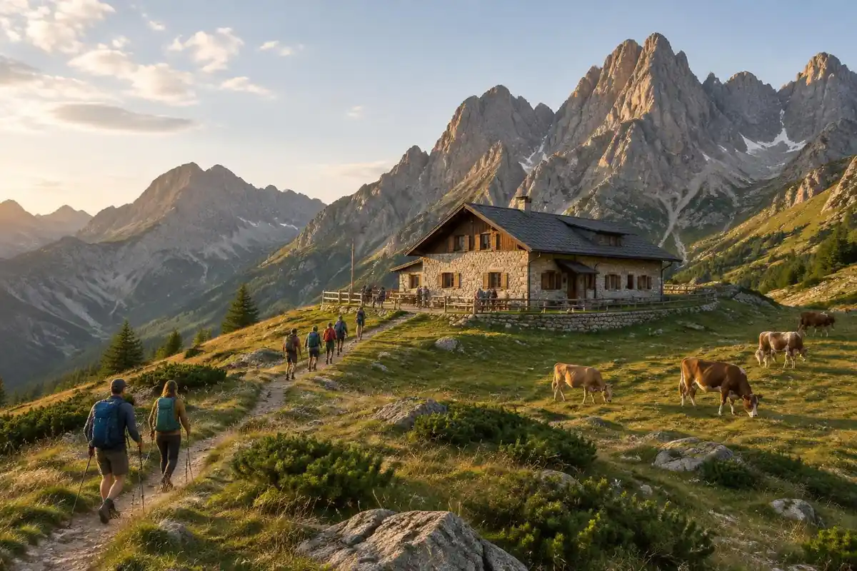 Alpine hut on a grassy col with hikers approaching at golden hour