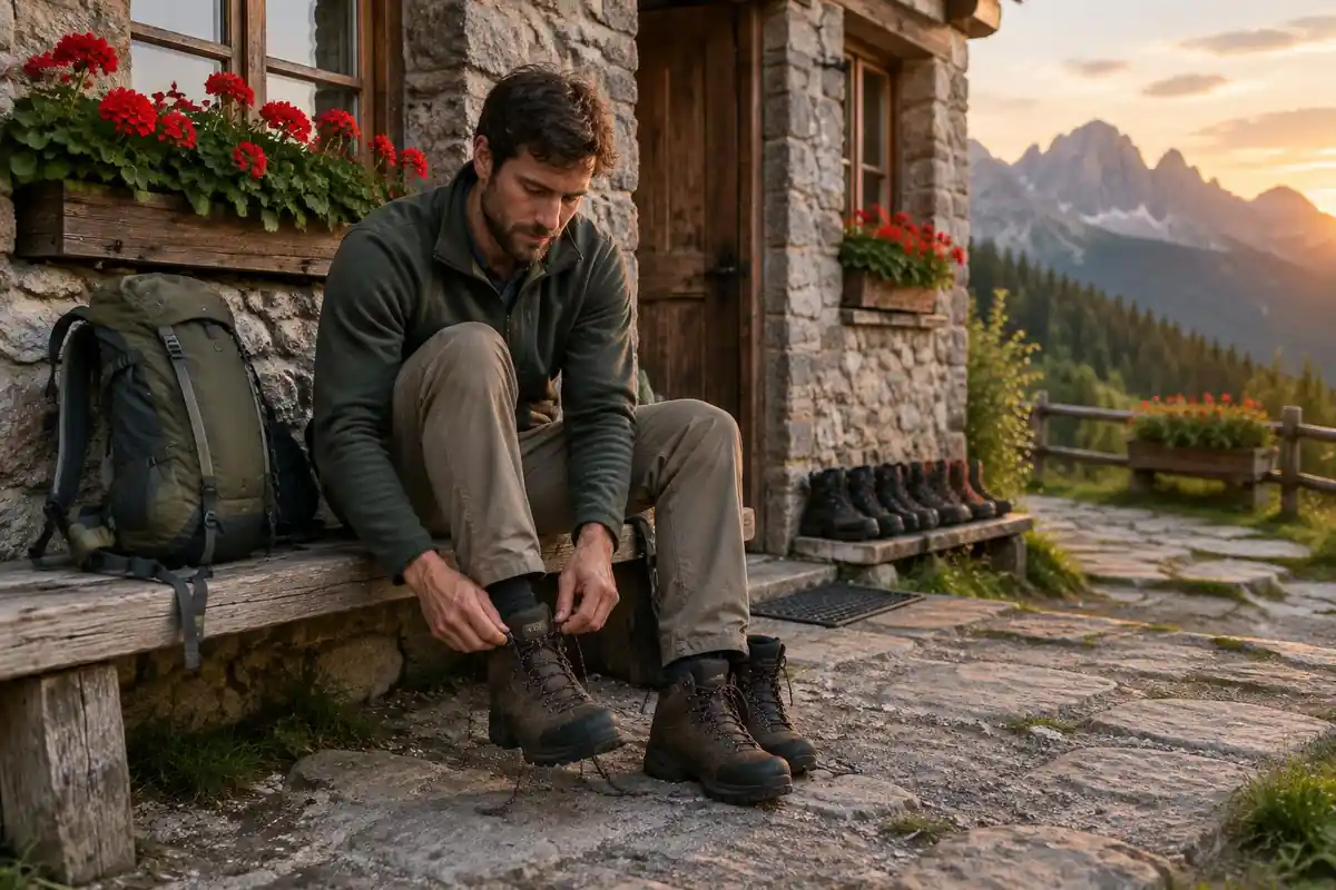 Hiker taking off boots on a hut porch as evening starts