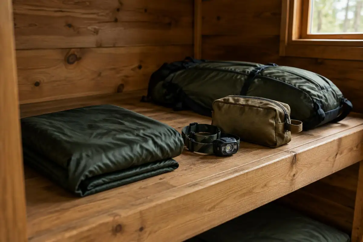 Hut shelves with a hut sleeping liner and a slim pack on a bench