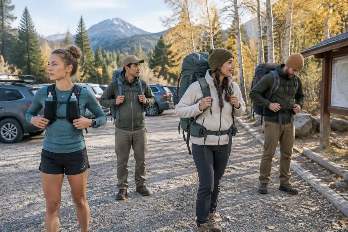 Diverse hikers with different packs at a crowded trailhead in morning light