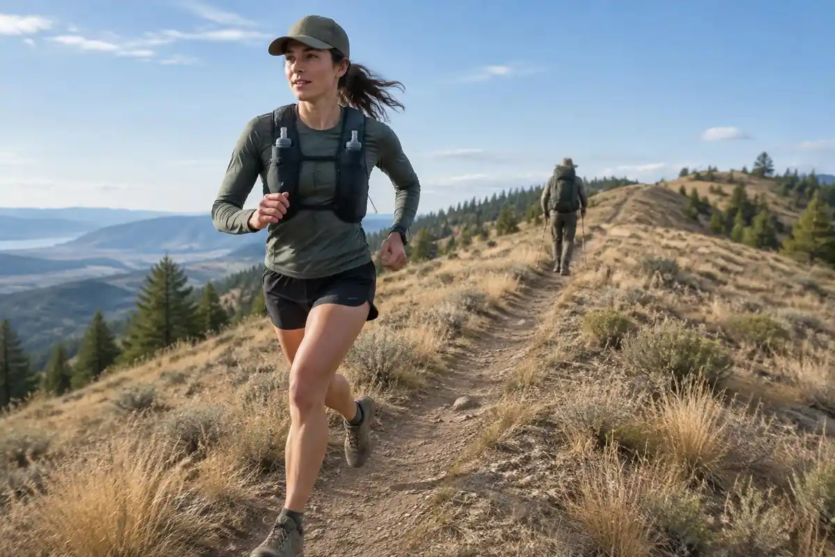 A runner in a slim hydration vest jogs a dry ridge trail past a distant walker