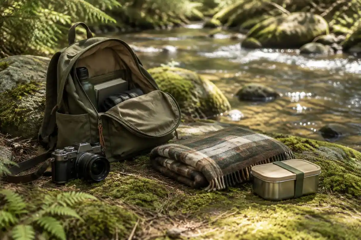 A small backpack open beside a camera, folded blanket and lunch box on a mossy bank