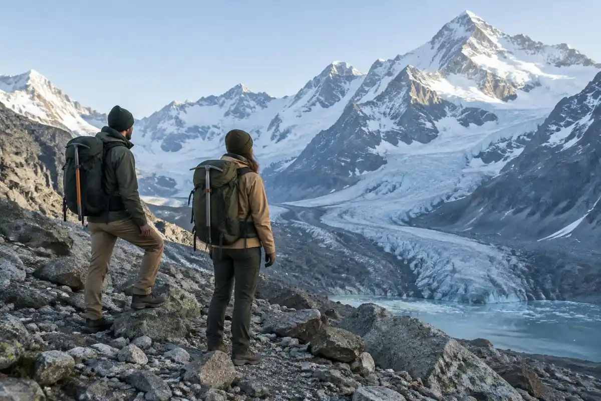 Mountaineers on a snowy glacier moraine with axes on packs