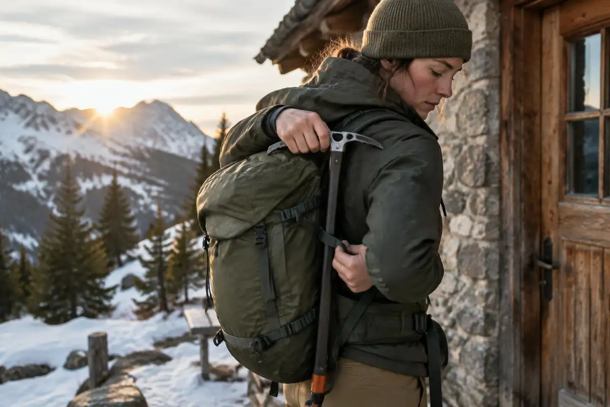 Climber sliding an axe shaft through the pack loop at a hut door