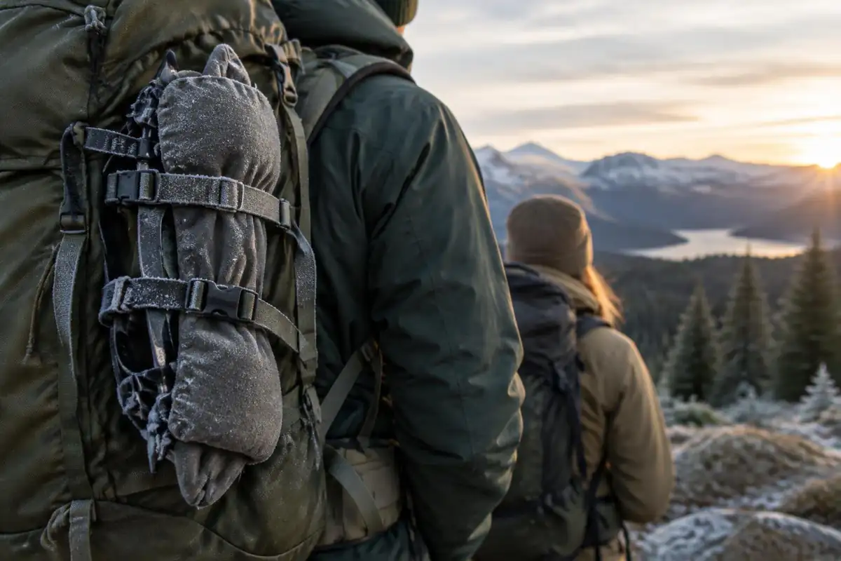 Crampons strapped to the outside of a pack with sharp points covered